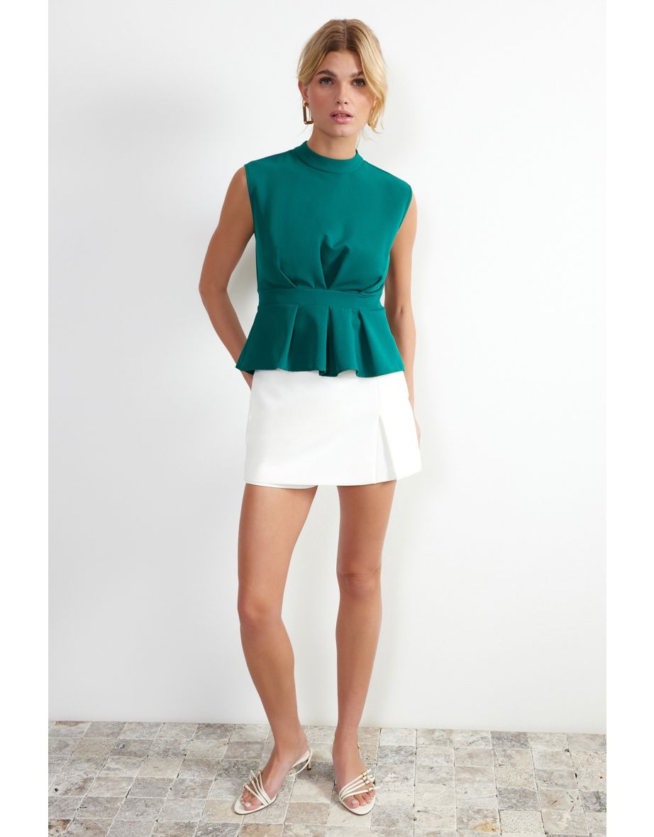 Green Woven Crew Neck Sleeveless Blouse - 7