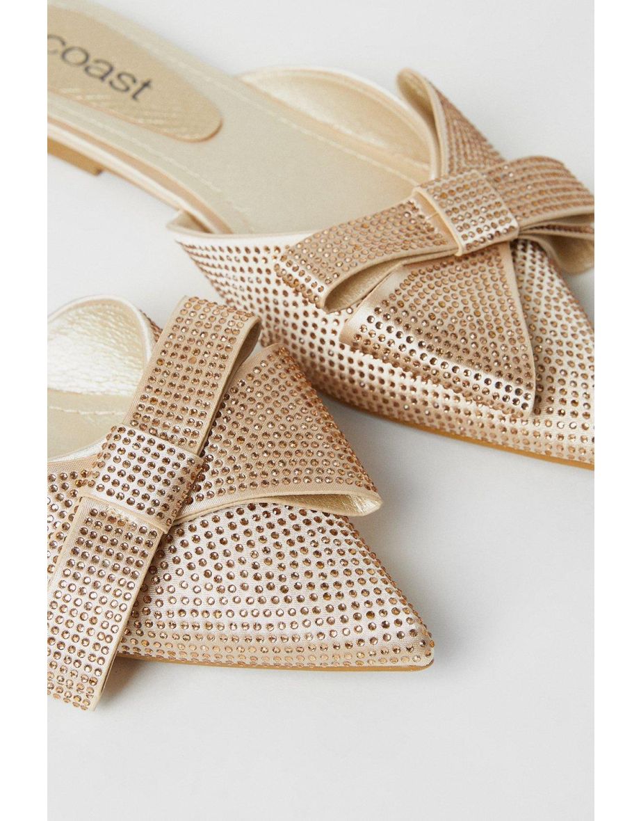 Kasha Satin Diamante Bow Flat Pointed Mule Pumps - 3