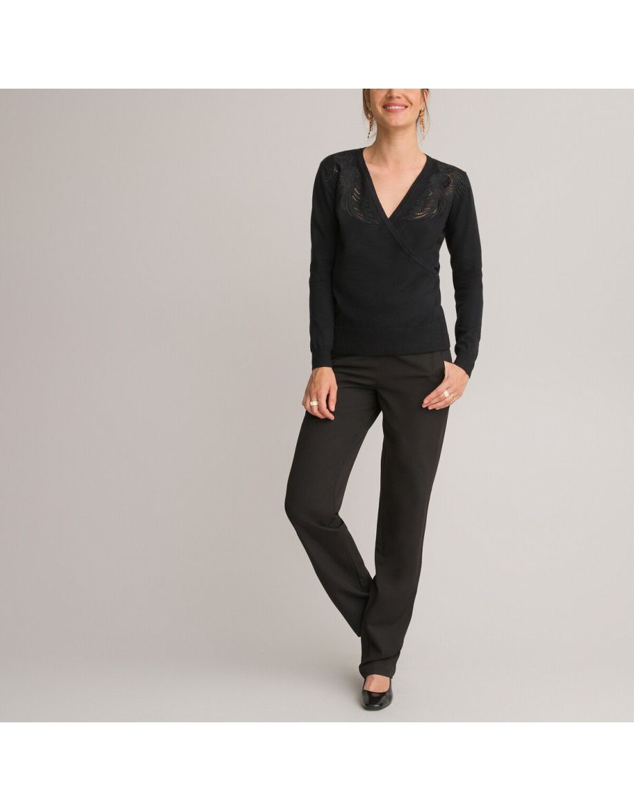 Faux Wrapover Jumper/Sweater with V-Neck in Fine Knit