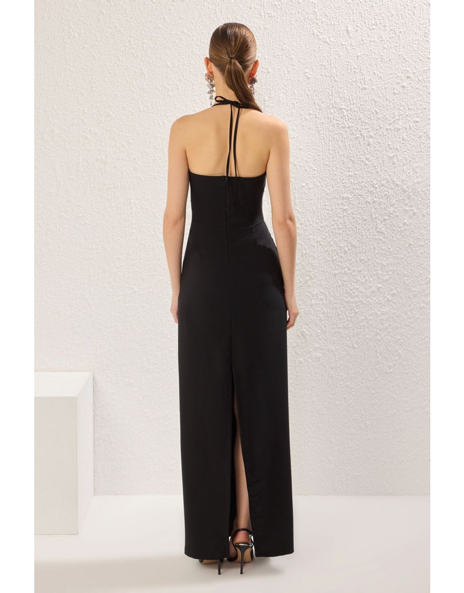 Black Rose Detail Woven Long Elegant Evening Dress & Graduation Dress - 3