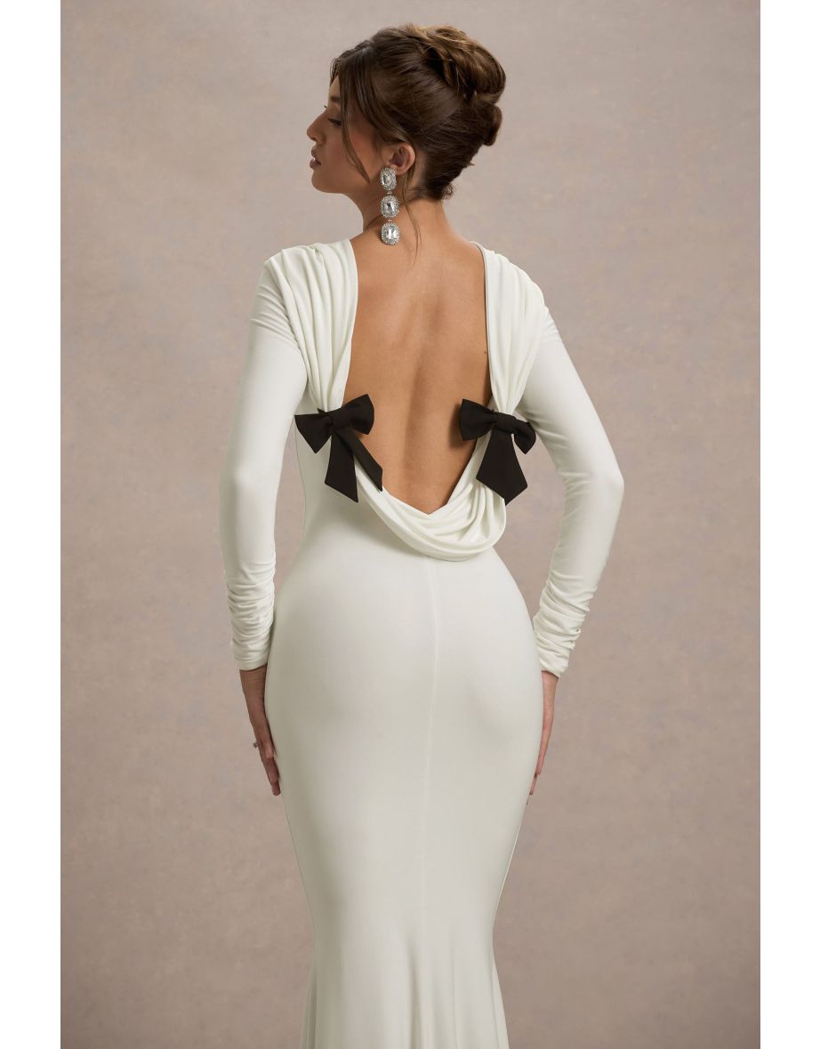 Rosalee | Cream Long-Sleeve Cowl-Back Fishtail Dress With Bows - 5