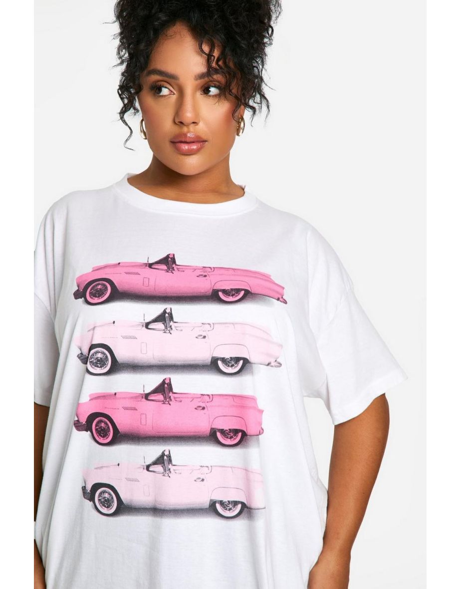 Plus Pink Cars Printed Oversized T-shirt - white - 3