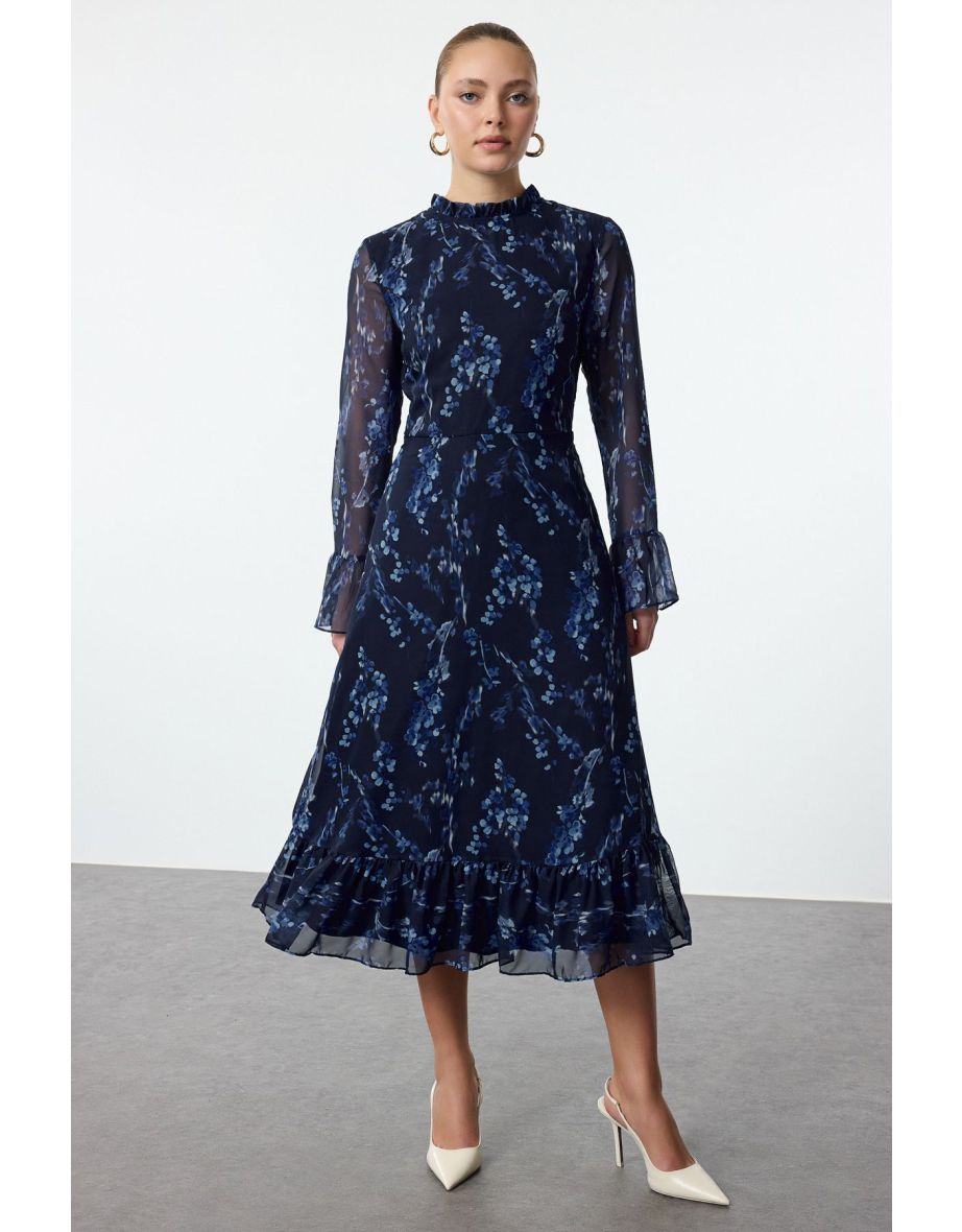Blue Floral Patterned A-Line Stand Collar Midi Lined Chiffon Woven Winter Dress