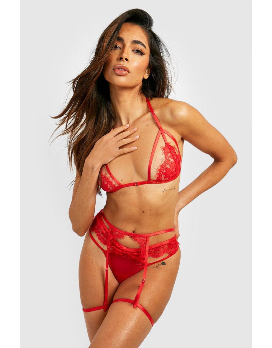 Valentine's Eyelash Lace Suspender Lingerie Set - red