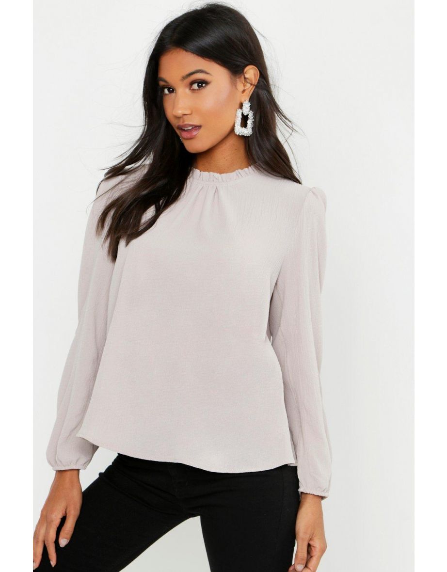 Frill Neck Long Sleeve Woven Blouse - stone