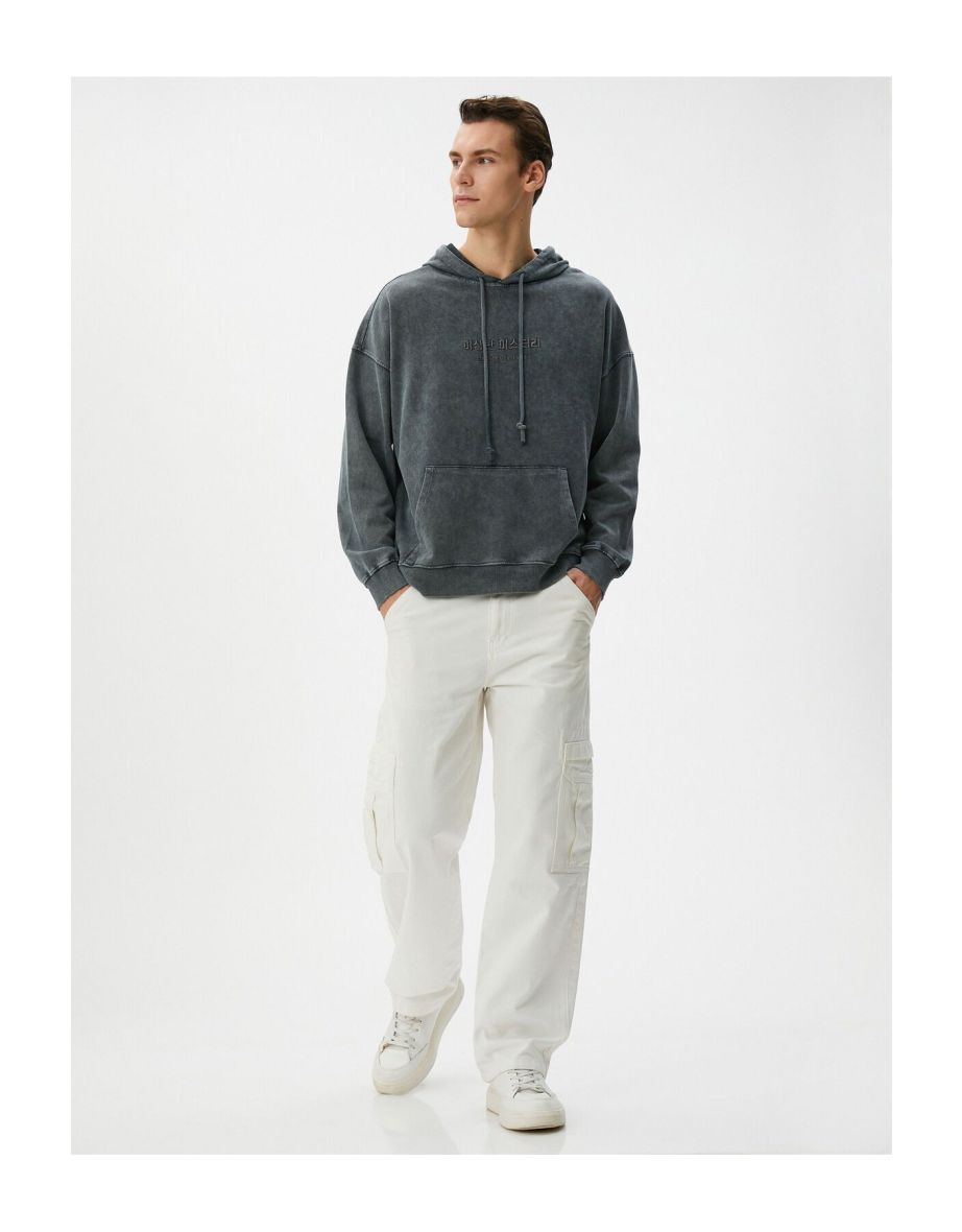 Washed Hoodie Slogan Embroidered Kangaroo Pocket Casual Fit