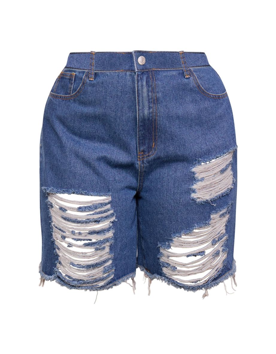 Plus Mid Blue Wash Distressed Longline Boyfriend Shorts - 5