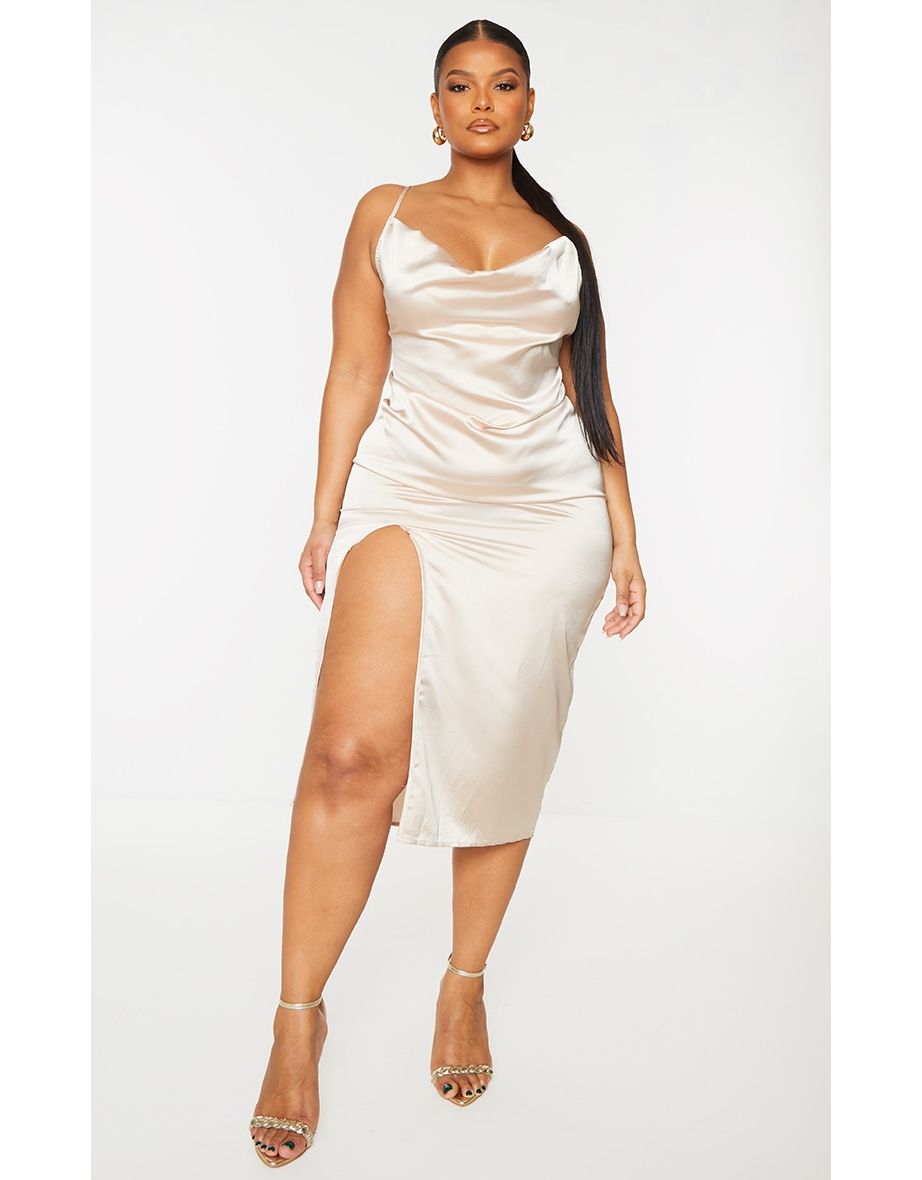 Strappy satin shop cowl midi dress