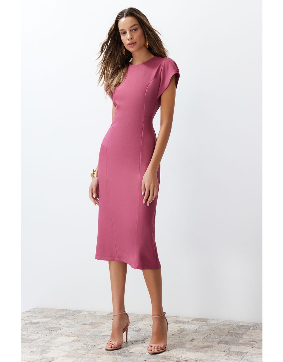 Shop Dried Rose Body Wrap Low Sleeve Crew Neck Woven Midi Dress Online in Qatar VogaCloset