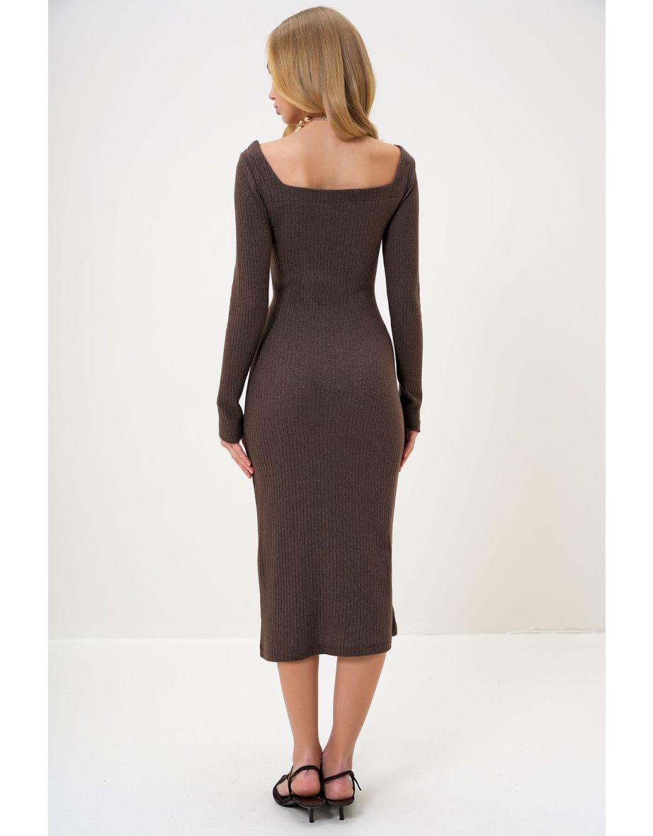 Women's Brown Square Neck Long Sleeve Midi Length Interlock Fabric Dress - 4