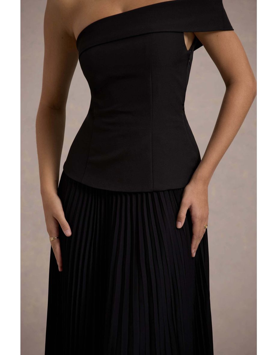 Pauline | Black Bardot Tailored Maxi Dress With Plisse Skirt - 5