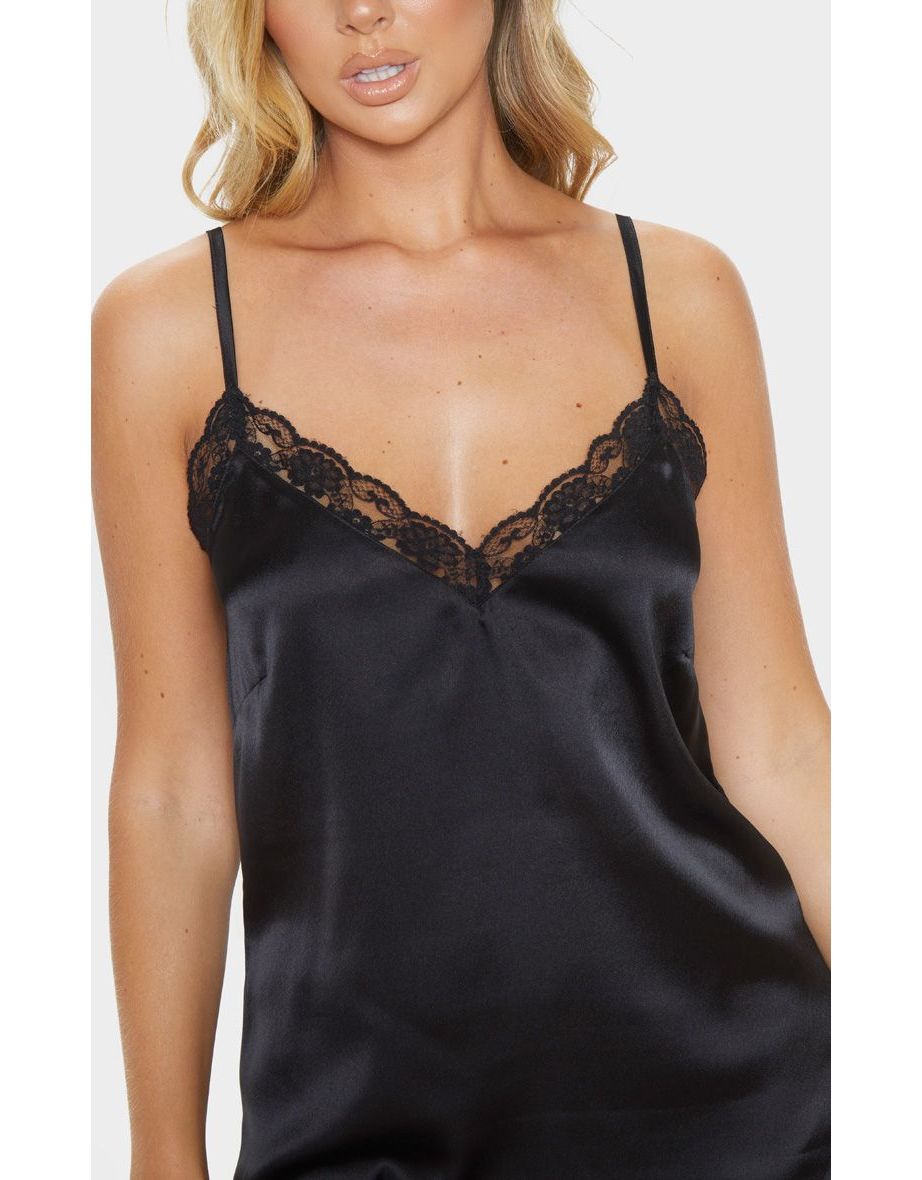 Black Lace Trim Satin Nightie - 4