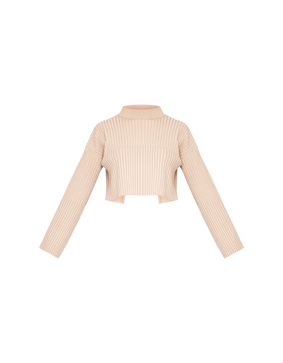 Taupe Two Tone Thick Rib Knit Open Back High Neck Jumper - 4