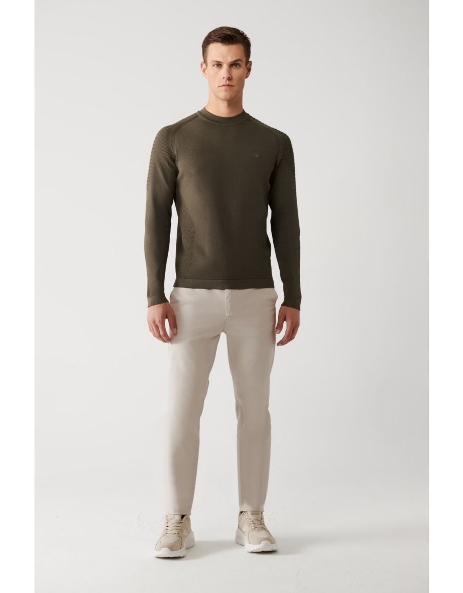 Men's Khaki Crew Neck Rayon Knitwear Sweater