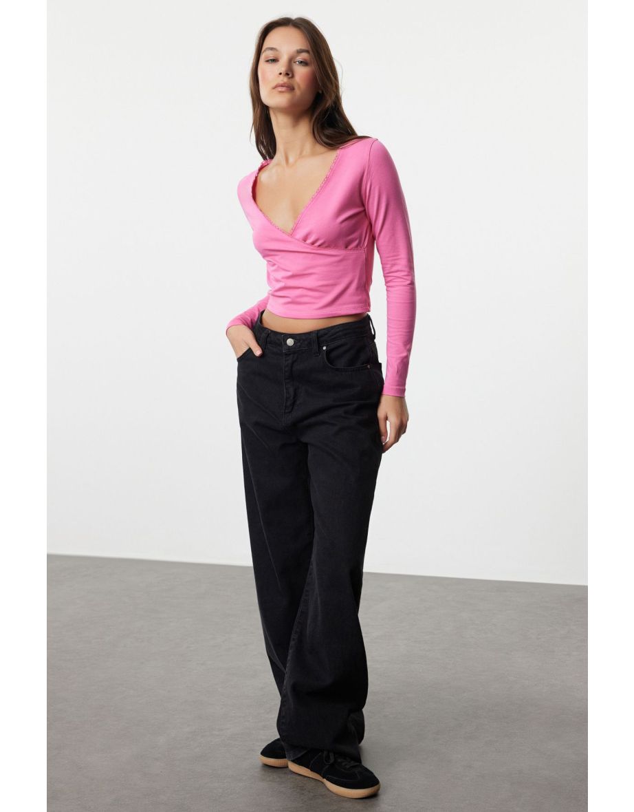 Pink Deep Double Breasted Collar Lace Detailed Long Sleeve Crop Cotton Stretch Knitted Blouse