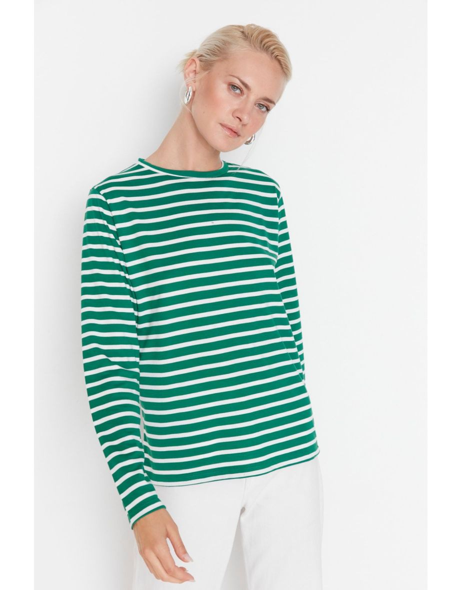 Green Striped Regular/Normal Pattern Basic Crew Neck Knitted Top