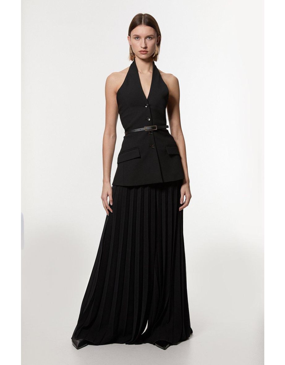 Compact Stretch Halter Neck Pleated Wide Leg Jumpsuit