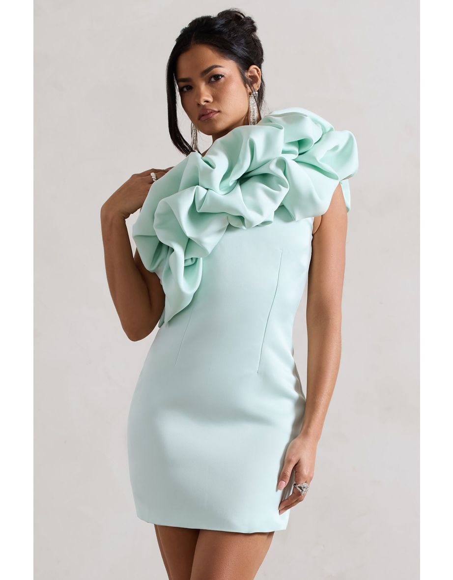 At The Opera | Mint Satin Asymmetric Ruffled Mini Dress - 4