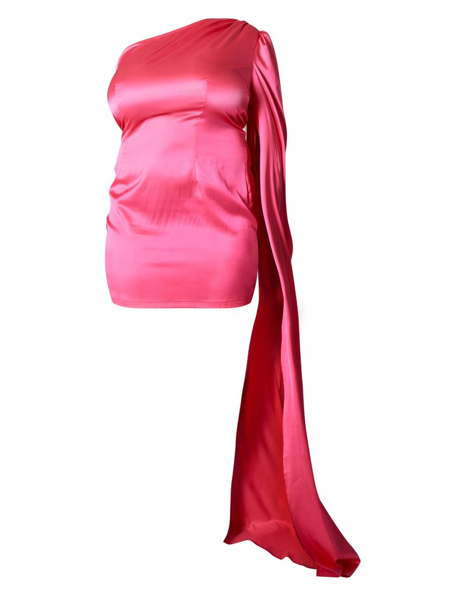 Plus Hot Pink Satin Extreme Sleeve Bodycon Dress - 3