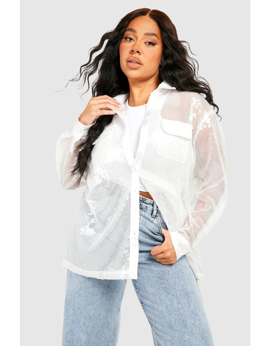 Plus Iridescent Sequin Shirt Top - ecru
