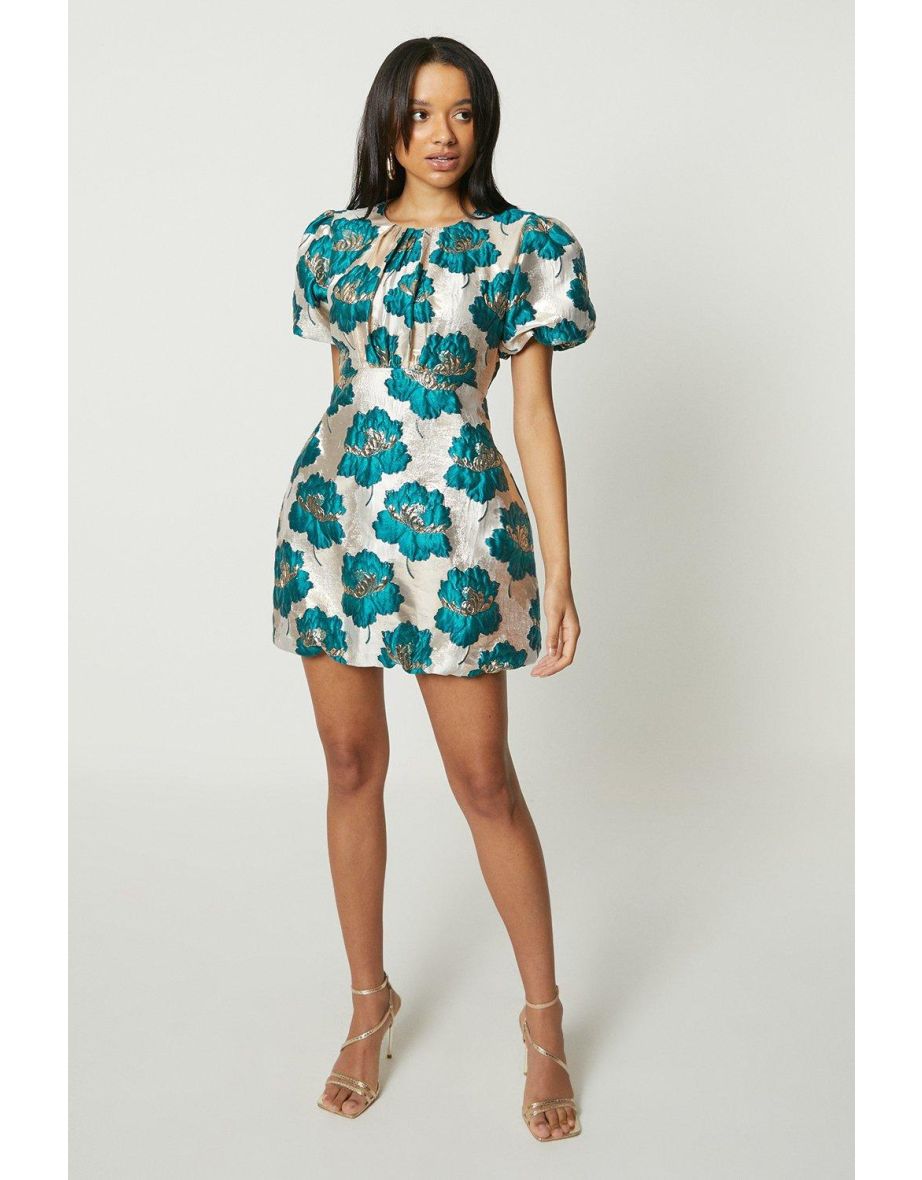 Shop Debut London Floral Puff Sleeve Jacquard Mini Dress gold Online in Bahrain VogaCloset