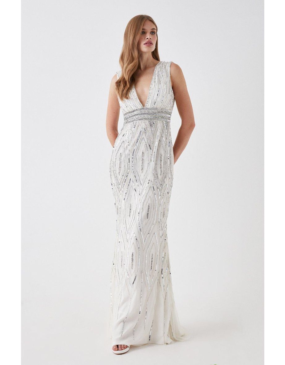 Art Deco Plunge Beaded Wedding Dress