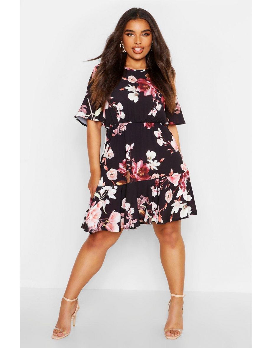 Plus Tiered Floral Crepe Smock Dress - black