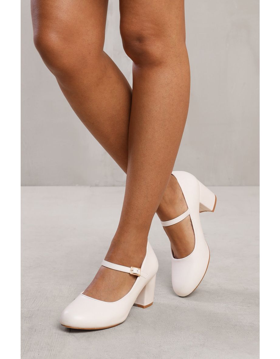 EFFIE BLOCK HEEL MARY JANE PUMPS IN WHITE FAUX LEATHER