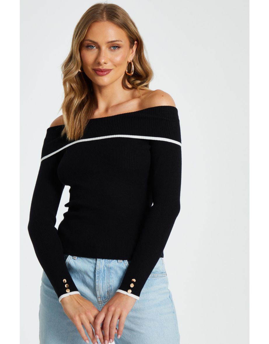 Black Contrast Trim Bardot Knitted Top