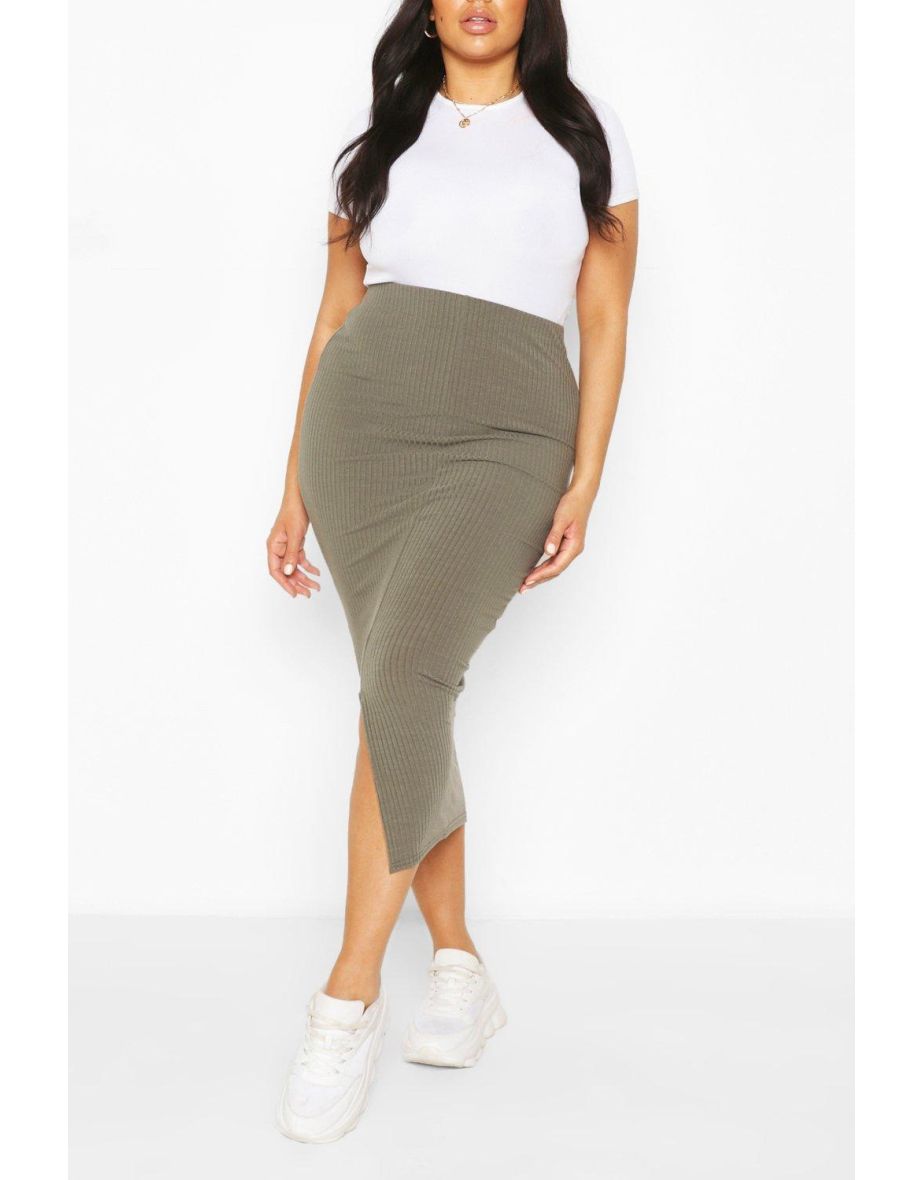 Plus Soft Rib Split Front Midaxi Skirt - khaki