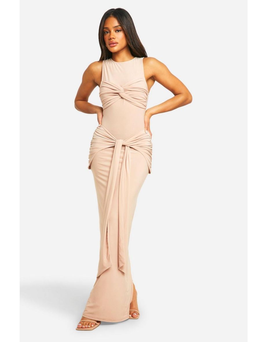 Ruched Twist Detail Racer Neck Maxi Dress - nude