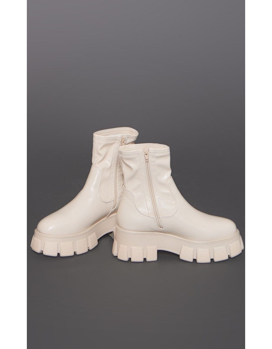 Cream Cleated Sole Ankle Sock Boots - 3