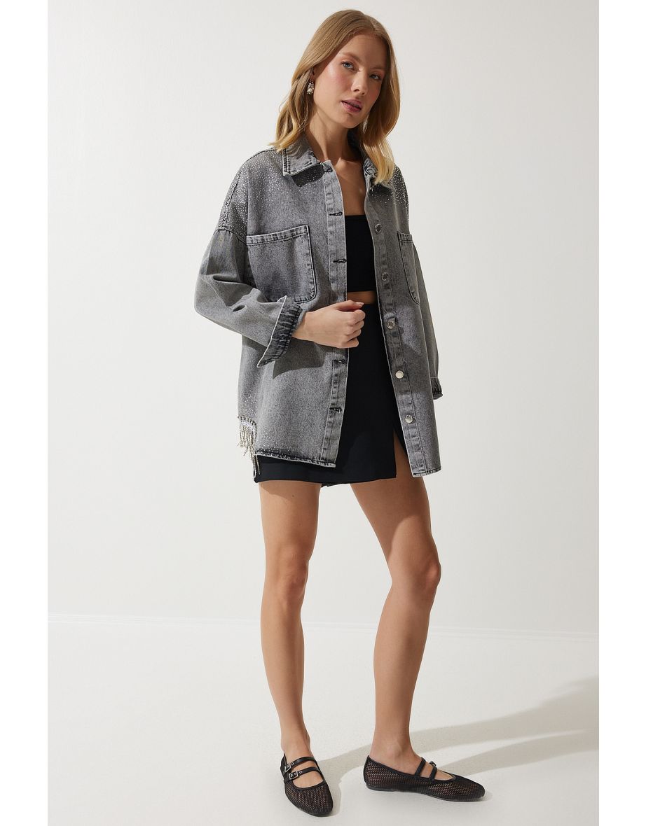 Women's Gray Chain Detailed Oversize Denim Jacket