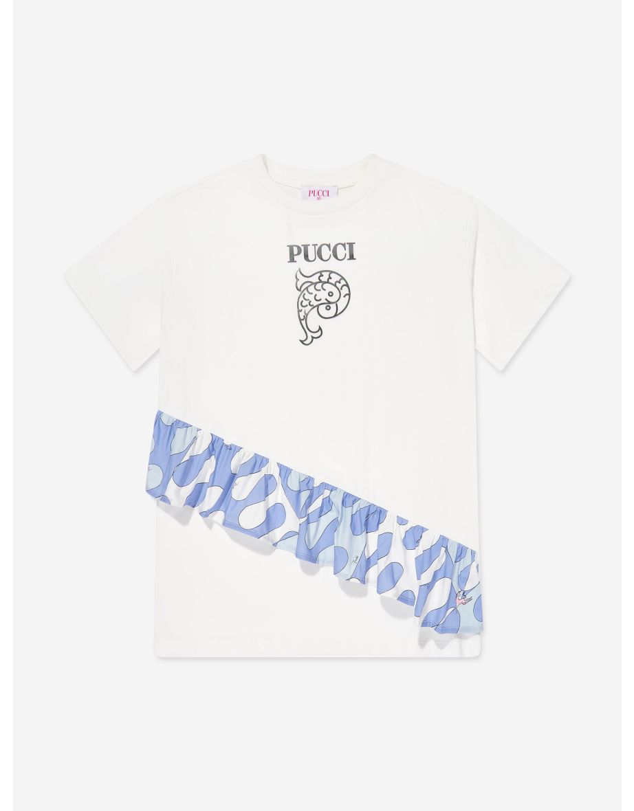 Girls Logo Ruffle Jersey Dress in Ivory