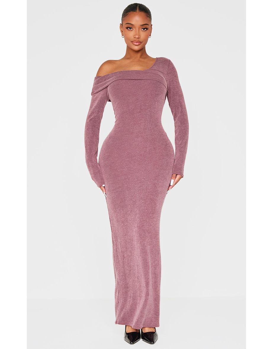 Shape Burgundy Brushed Rib Fold Over Off Shoulder Long Sleeve Maxi Dress