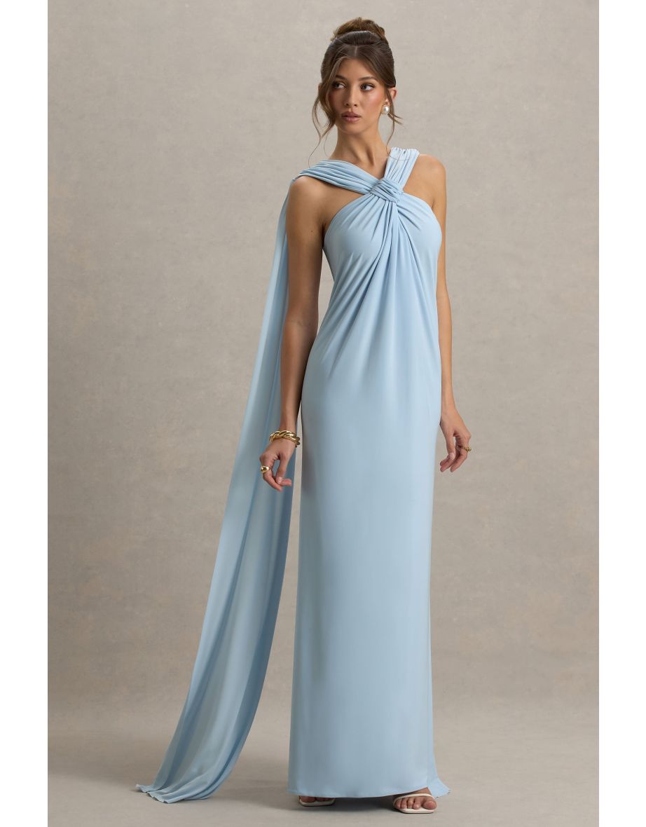 Ariana | Powder Blue Cross-Neck Maxi Dress With Cape