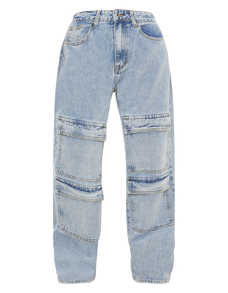 Light Blue Wash Cargo Front Pocket Baggy Boyfriend Jeans - 3