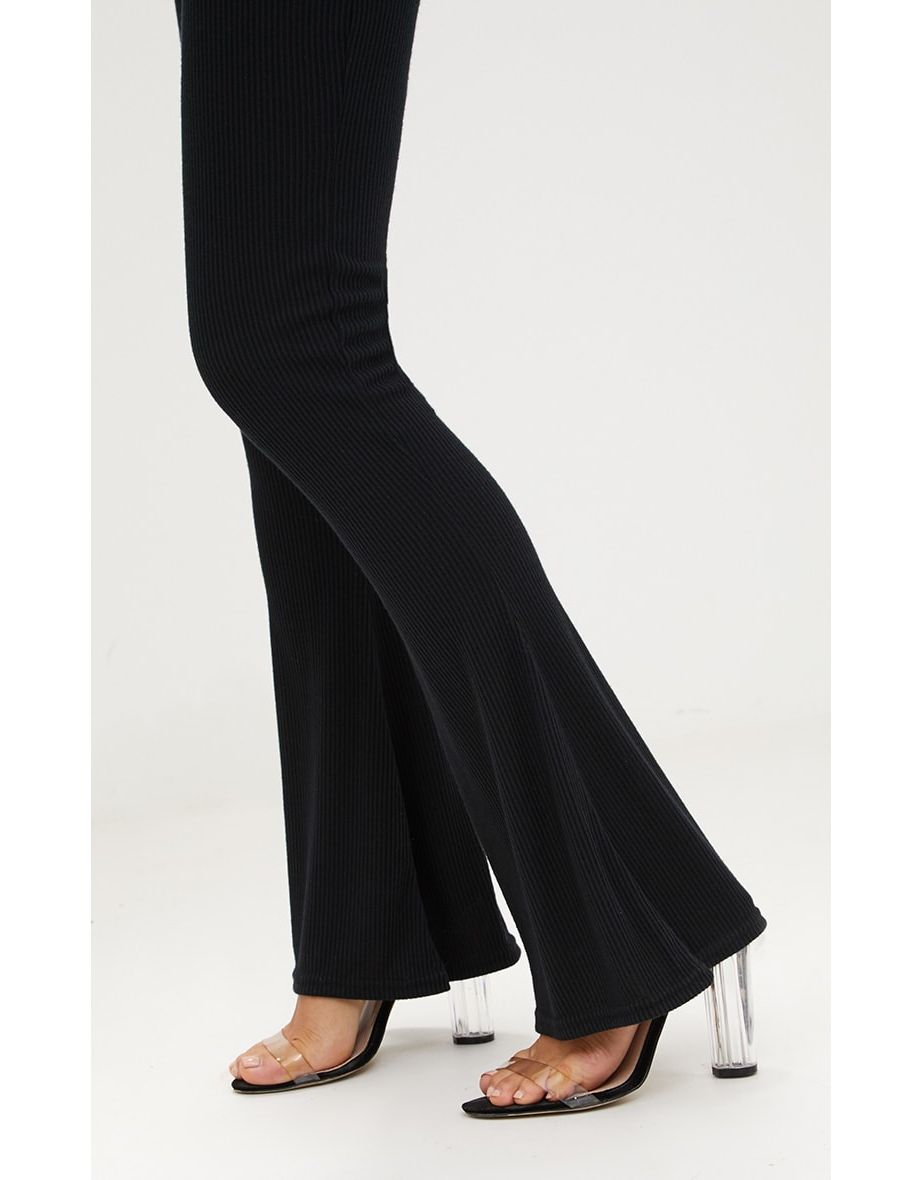 Black Ribbed Flared Trousers - 4