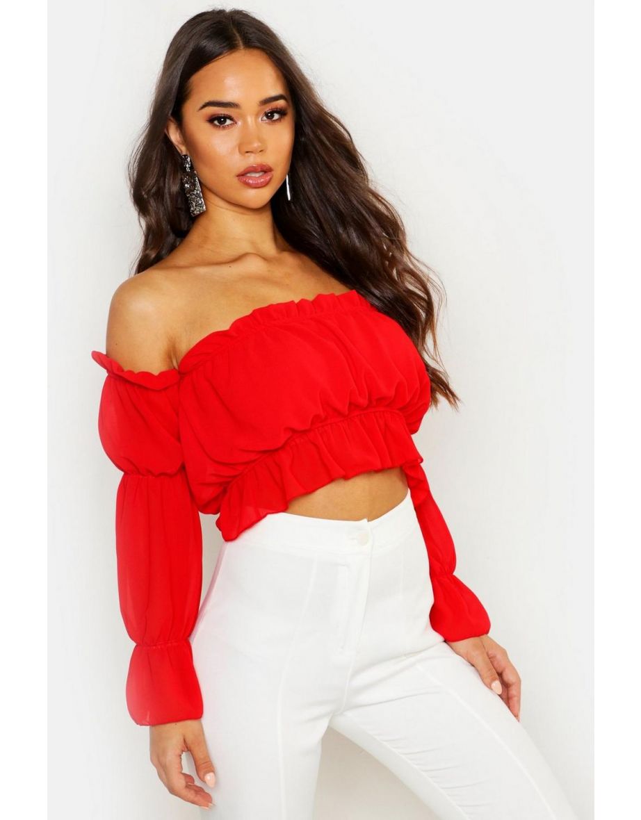 Woven Volume Sleeve Ruched Bardot Top - red