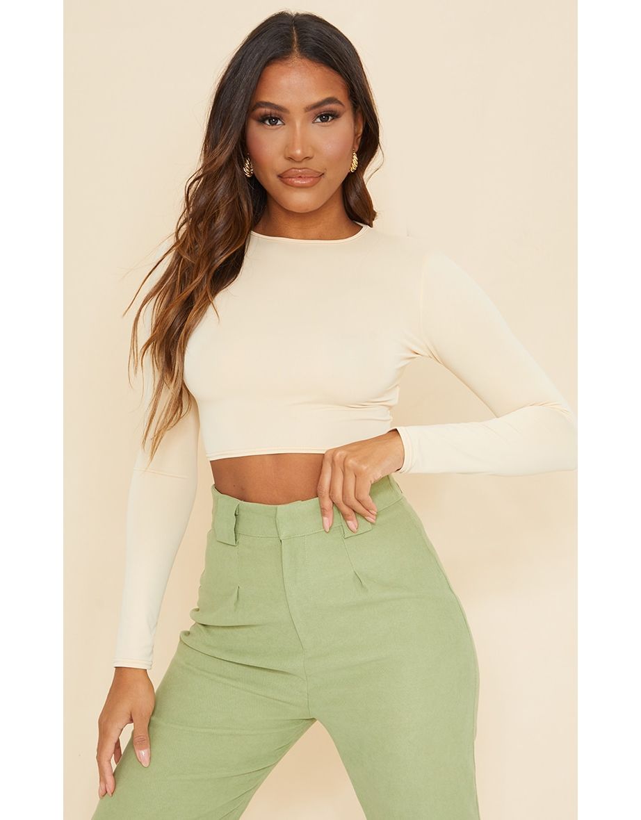Stone Slinky Round Neck Long Sleeve Crop Top