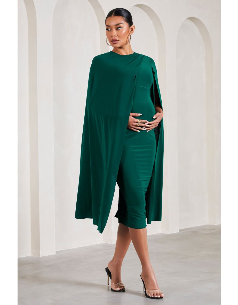 Cloud Nine | Bottle Green Maternity Midi Dress With Cape Sleeves - 4