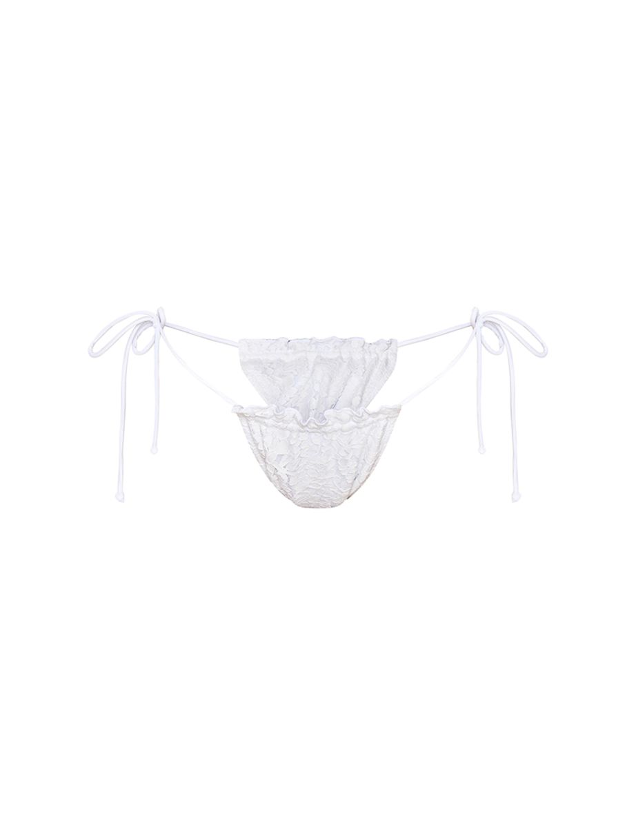 White Lace Frill Tie Side Bikini Bottoms - 3