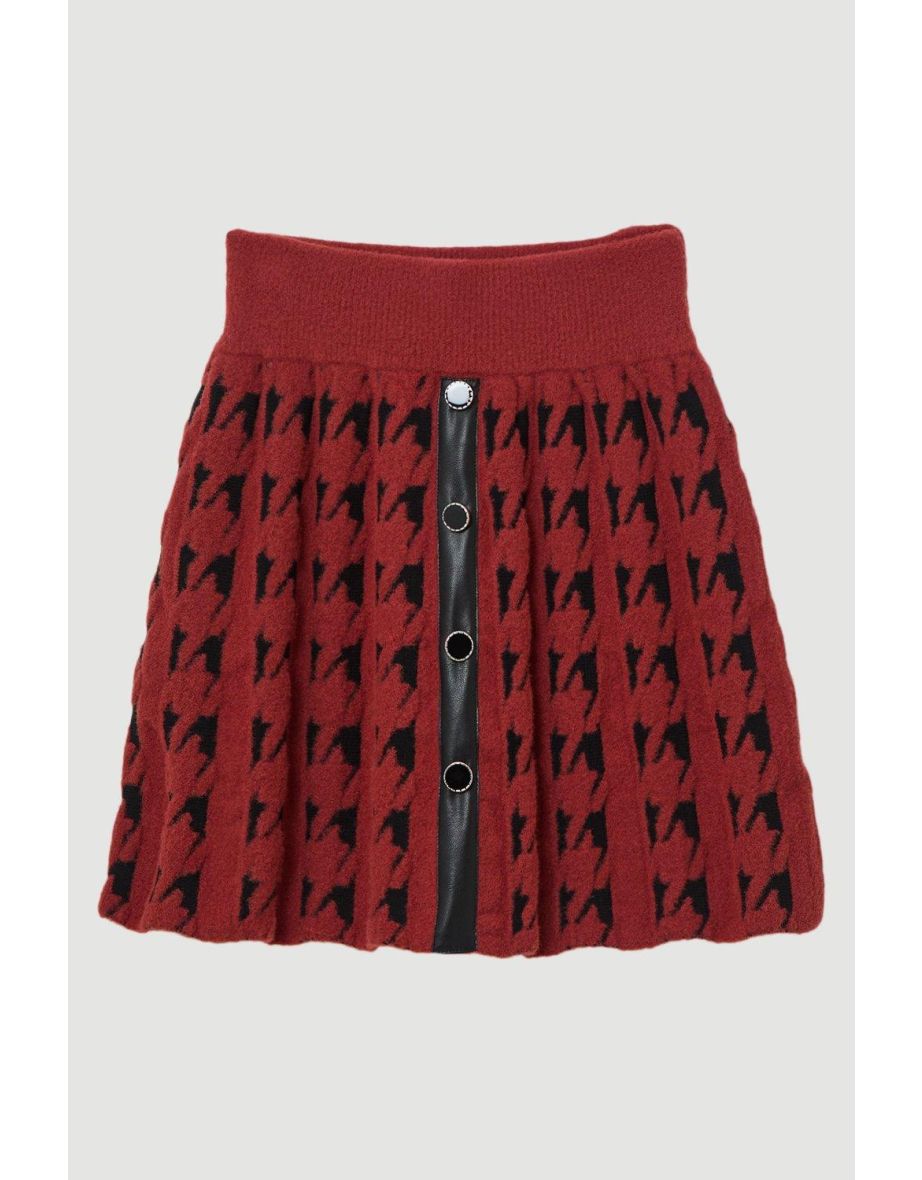 Boucle Knit Dogtooth Jacquard Pu Trim Skater Skirt - 3