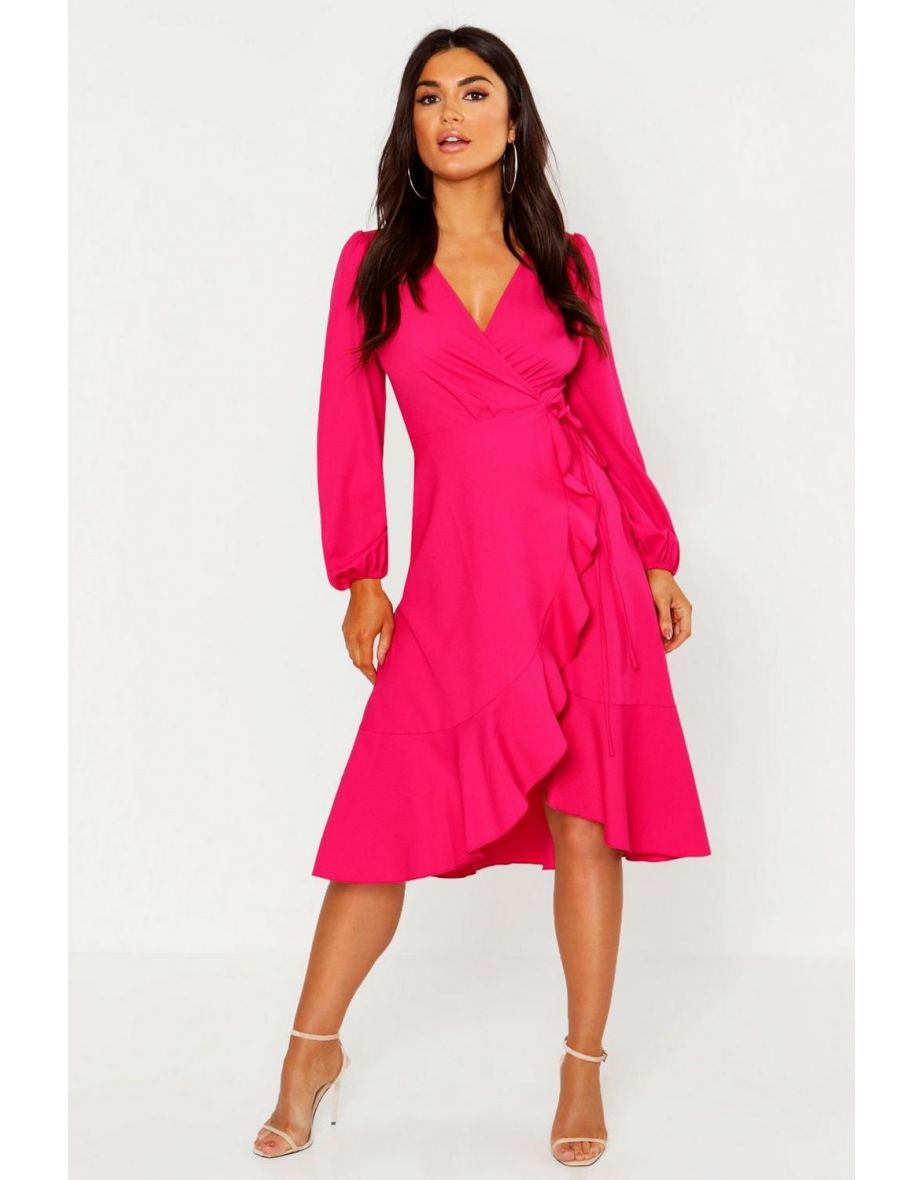 Crepe ruffle wrap 2025 midi skater dress