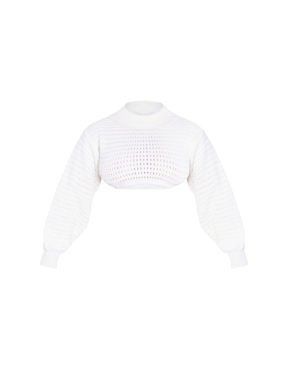 Shape Cream Knitted Long Sleeve High Neck Crop Top - 4