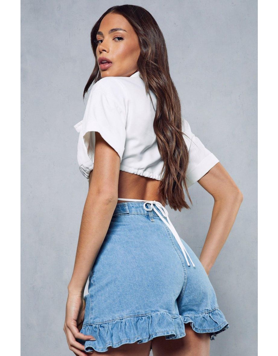 High Waisted Frill Hem Denim Short - 3