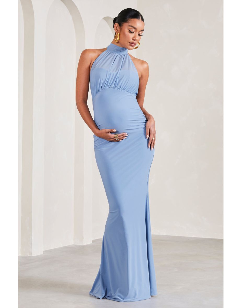 In My Heart | Cornflower Blue Mesh Halter-Neck Sleeveless Maternity Maxi Dress - 4