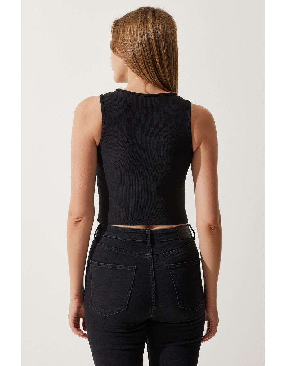 Women's Black Cut Out Detail Ribbed Crop Knitted Blouse - 4