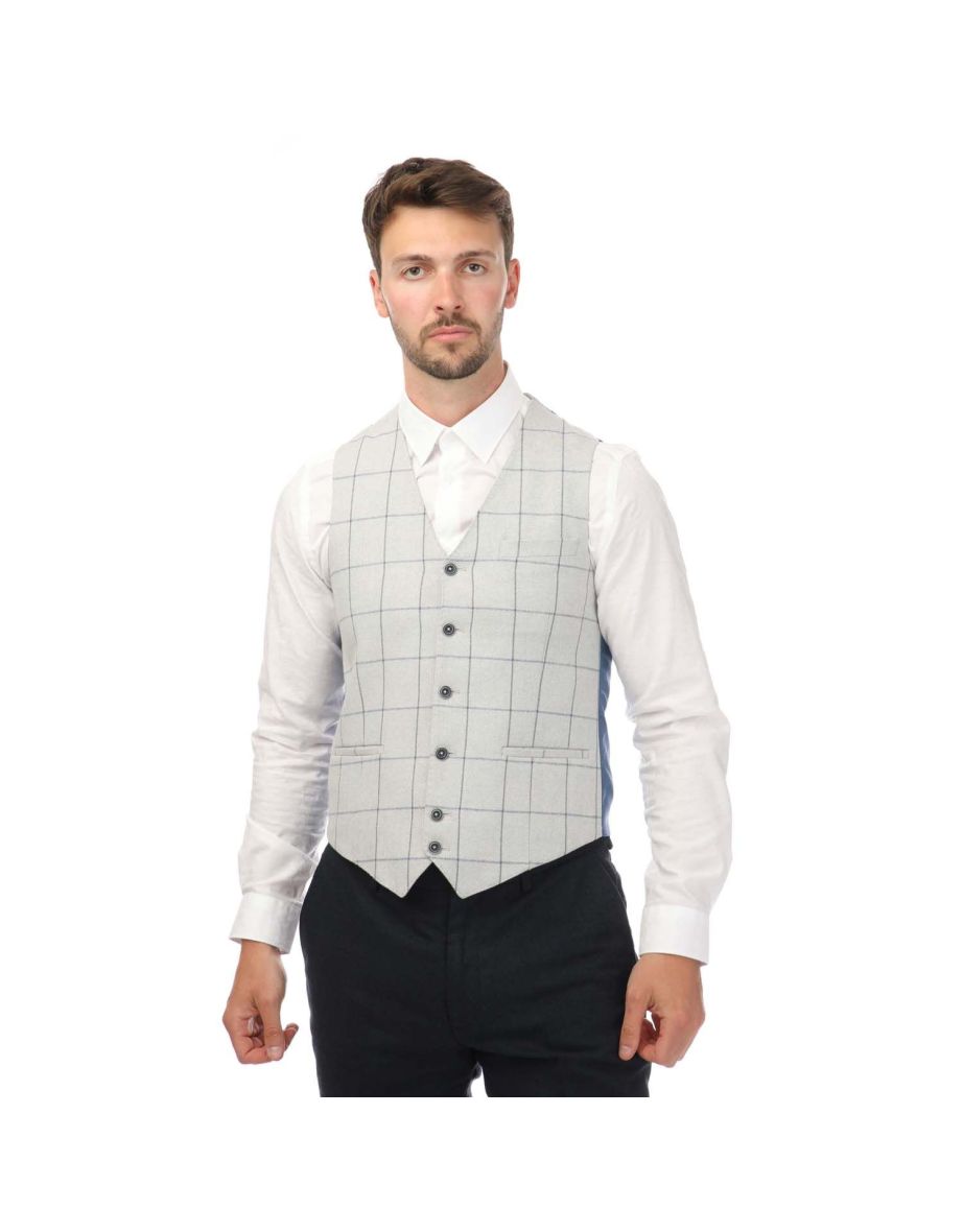 Men's Guide London Italian Cotton and Wool Blend Check Waistcoat in Grey