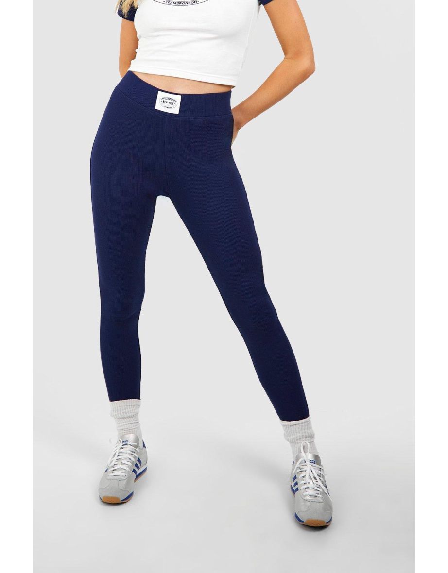 New York Slogan Woven Label Ribbed Legging - navy - 3